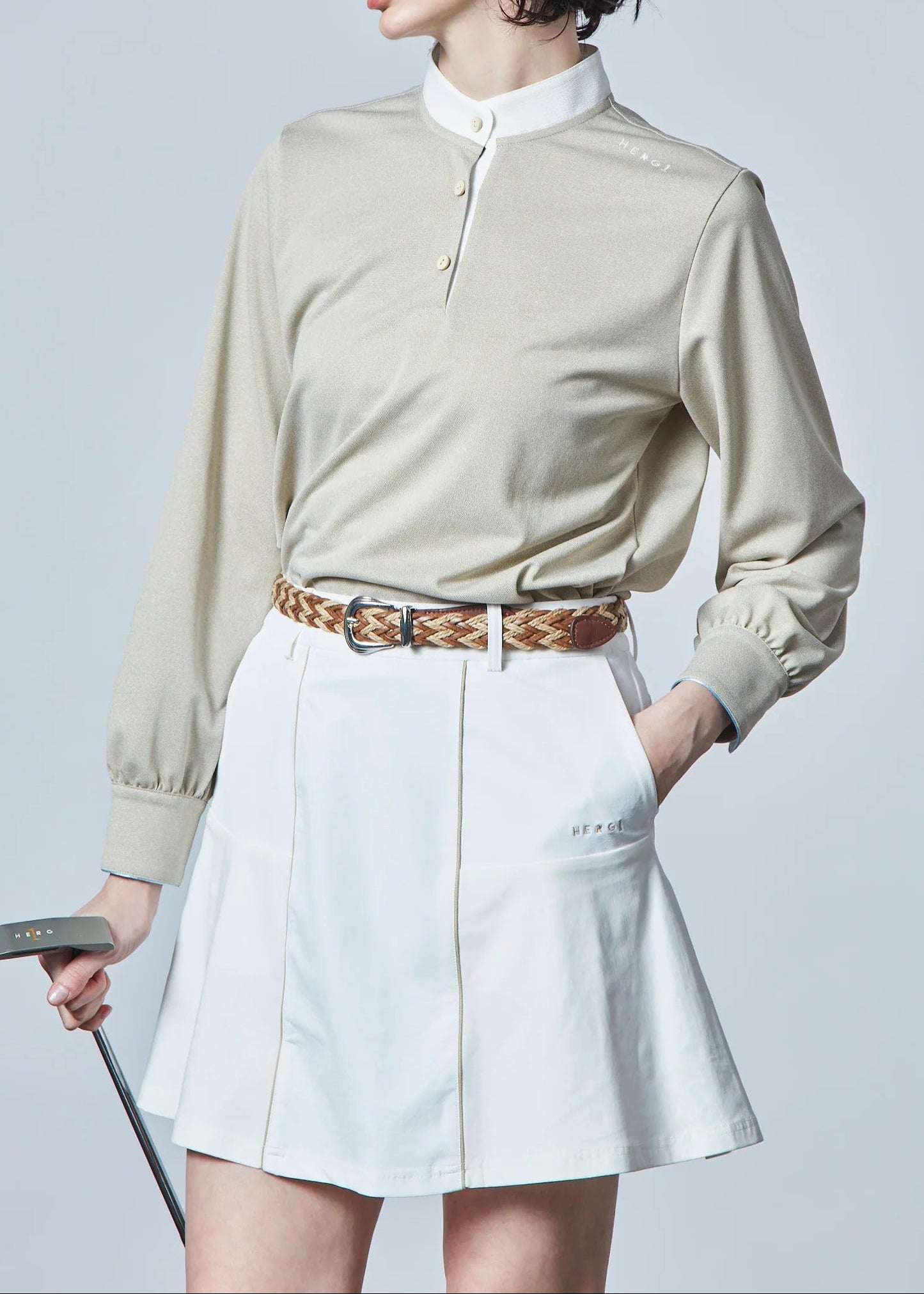 HERG1 WOMENS Stand Collar Long Sleeve Polo Blouse